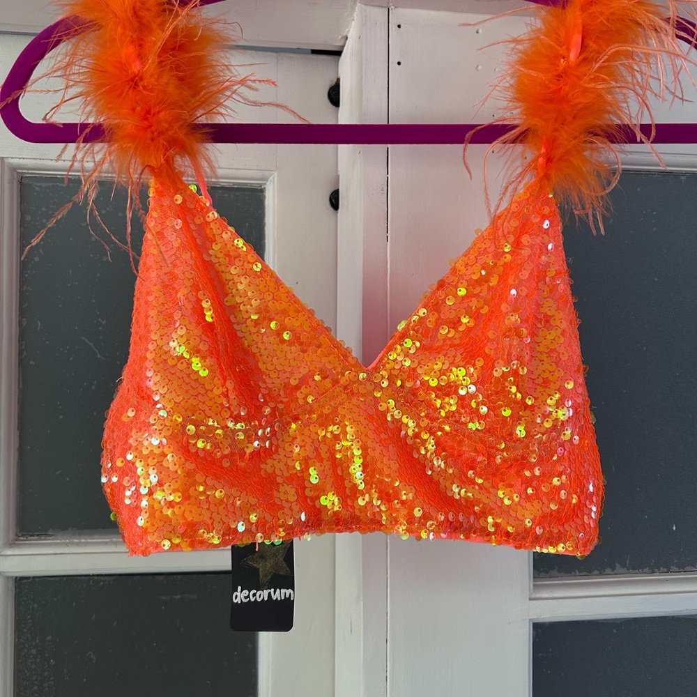 Hot & Delicious Orange Sequin Feather Trim Bralette